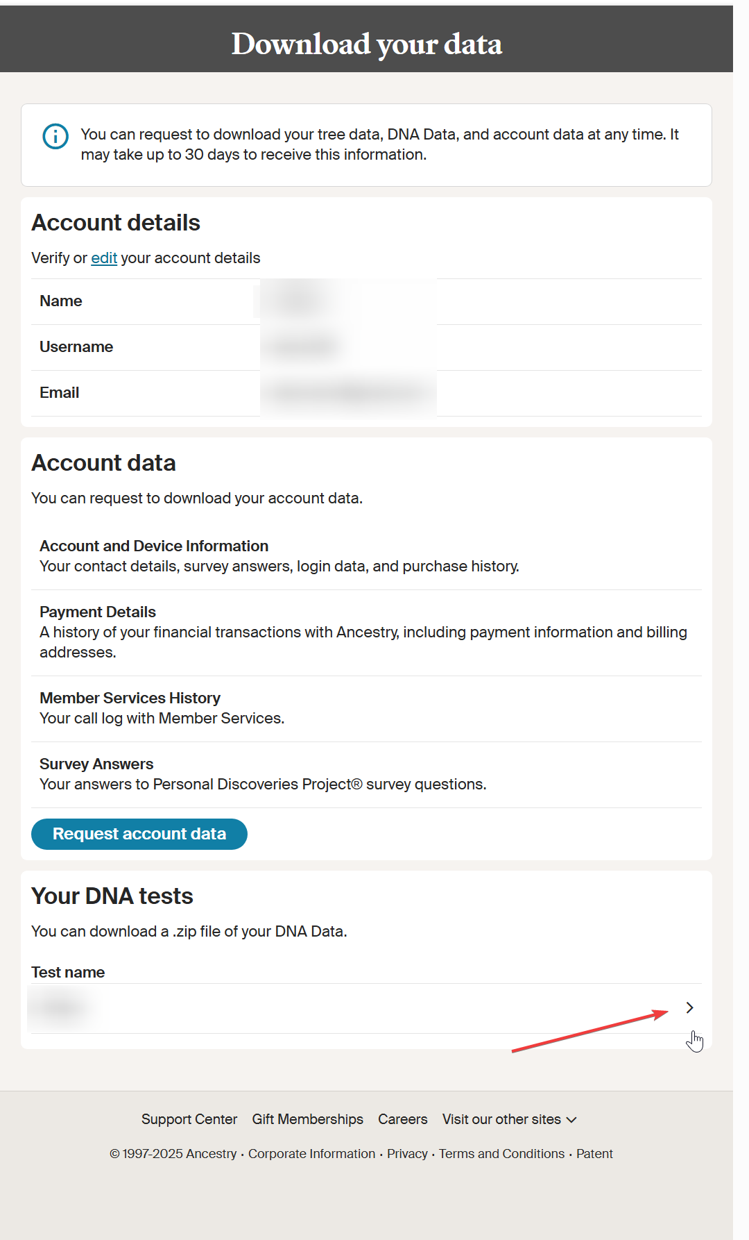 Ancestry's Download your data page, with an arrow pointing to the test name's expand arrow