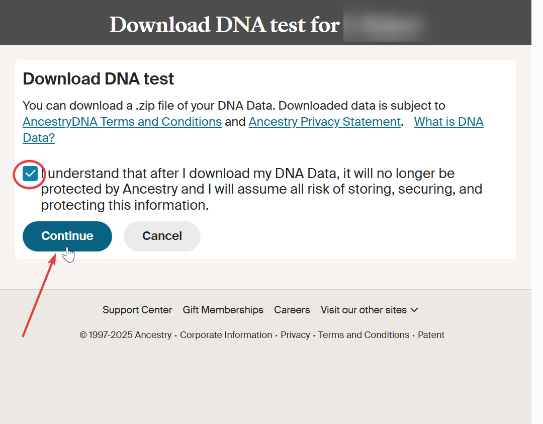 Ancestry's Download DNA test confirmation page, with the consent checkbox and Continue button highlighted