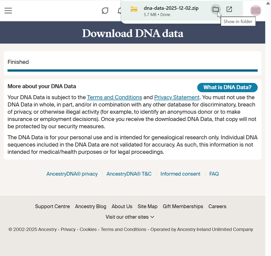 Ancestry's download-finished page showing the saved dna-data zip file