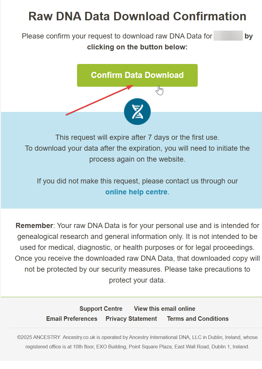 Ancestry's confirmation email with the Confirm Data Download button highlighted