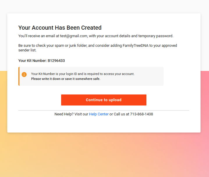 FamilyTreeDNA's account-created confirmation page showing the new kit number and a Continue to upload button