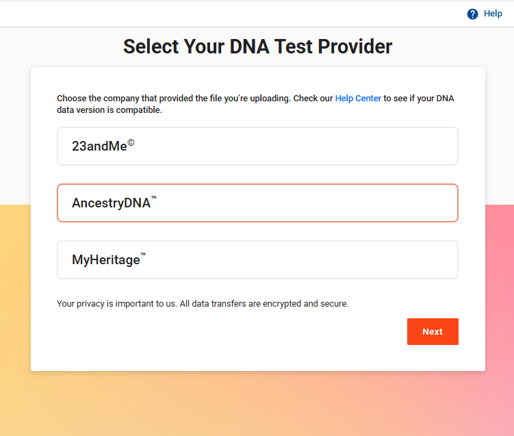 FamilyTreeDNA's Select Your DNA Test Provider page with AncestryDNA highlighted and a Next button