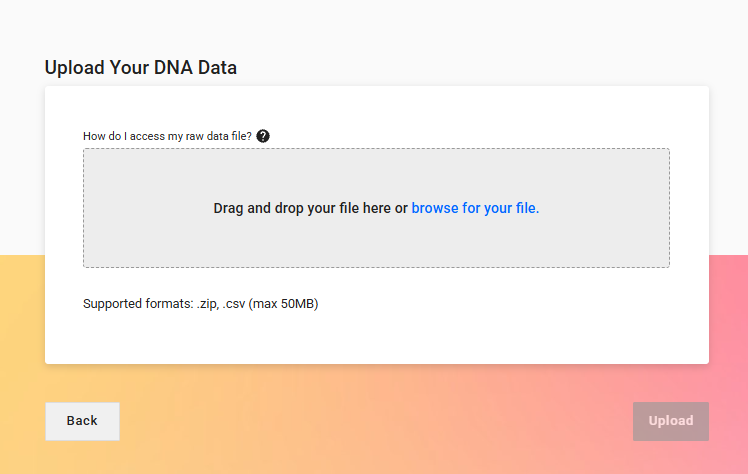 FamilyTreeDNA's Upload Your DNA Data page with a drag-and-drop box and an Upload button