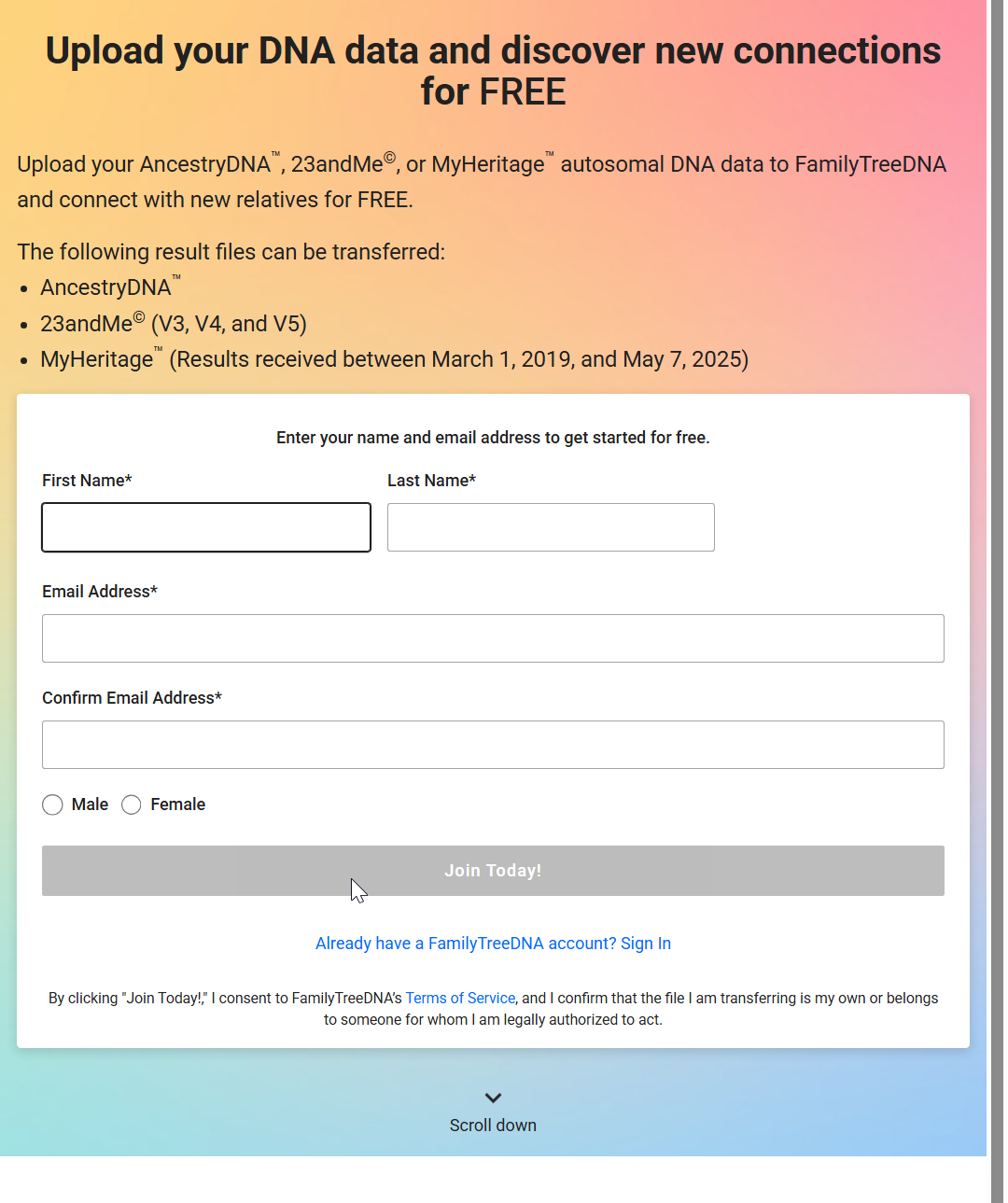 FamilyTreeDNA's transfer signup form